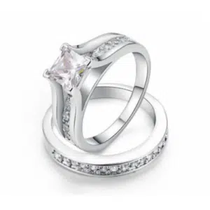 18k White-Gold Plated 2 piece Engagement Ring Set